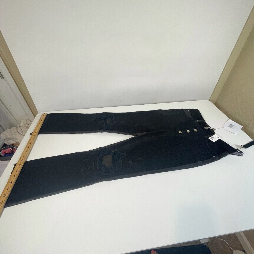 Amiri Leather Denim Crop Flare Jeans Button Fly Black 27 Distressed Hi-Rise NWT - Picture 2 of 12